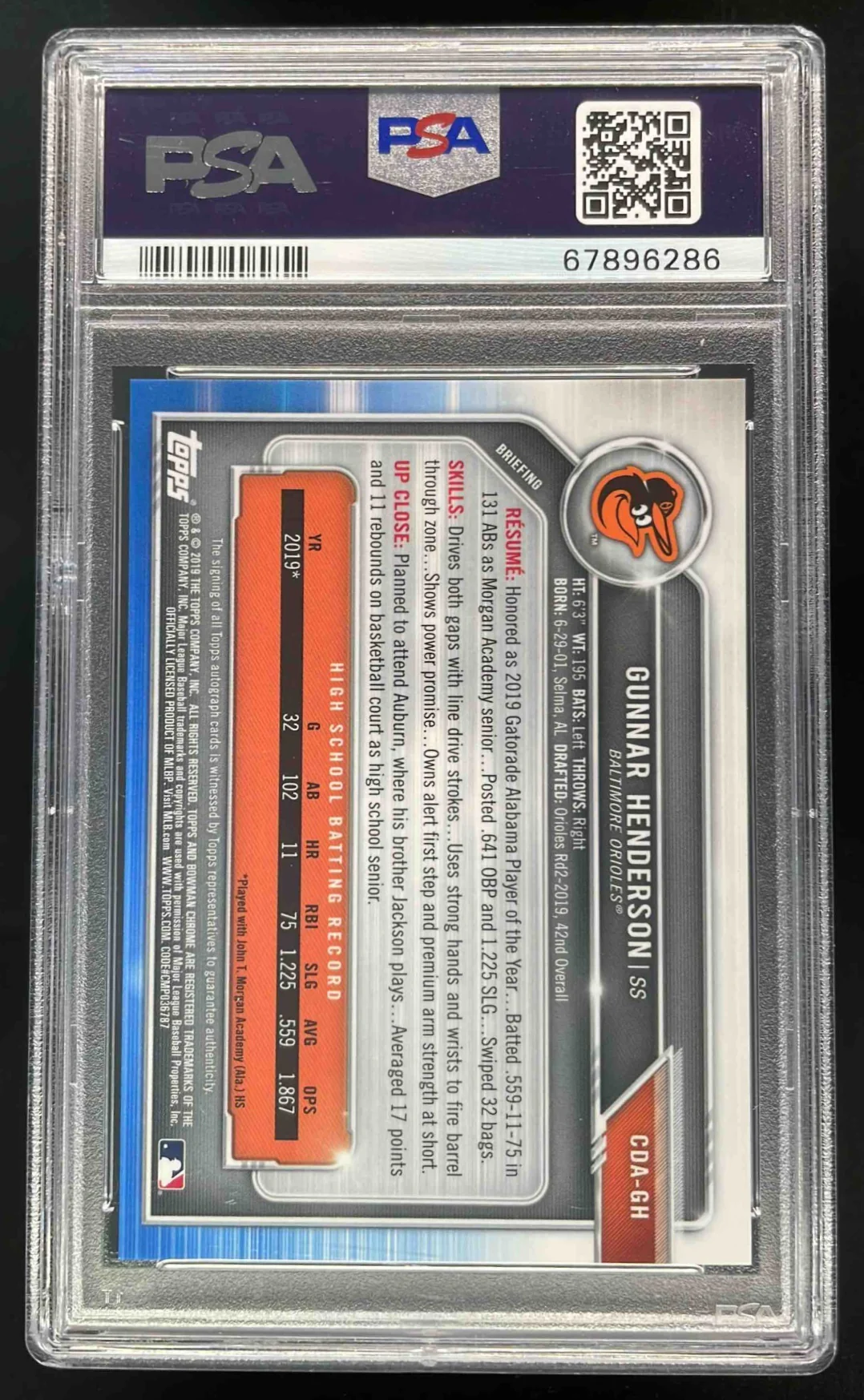 2019 Bowman Draft Chrome Pick Autographs #CDA-GH Gunnar Henderson RC Auto PSA 10 - Image 2