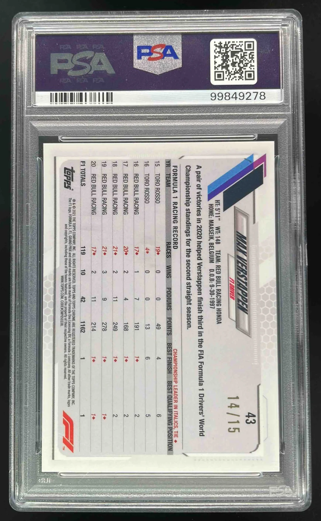 2021 Topps Chrome Sapphire Formula 1 Black & White #43 Max Verstappen /15 PSA 10 - Image 2