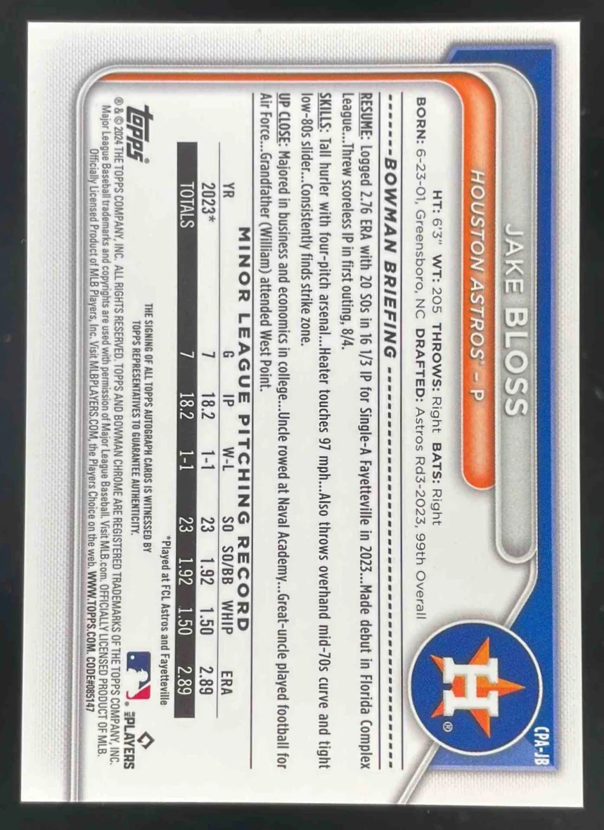 2024 Bowman Chrome Speckle #CPA-JB Jake Bloss RC Auto /299 - Image 2