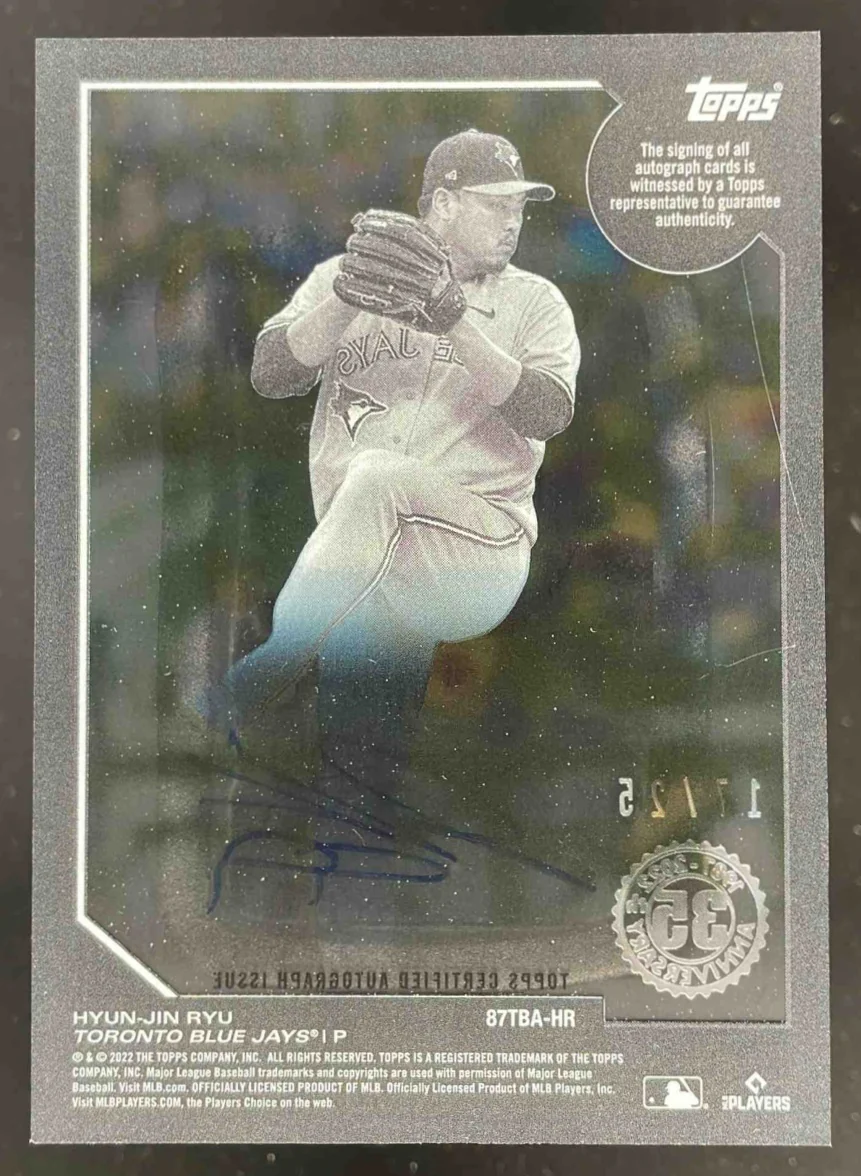 2022 Topps Clearly Authentic 1987 Baseball Blue #87TBA-HR Hyun-Jin Ryu Auto /25 - Image 2