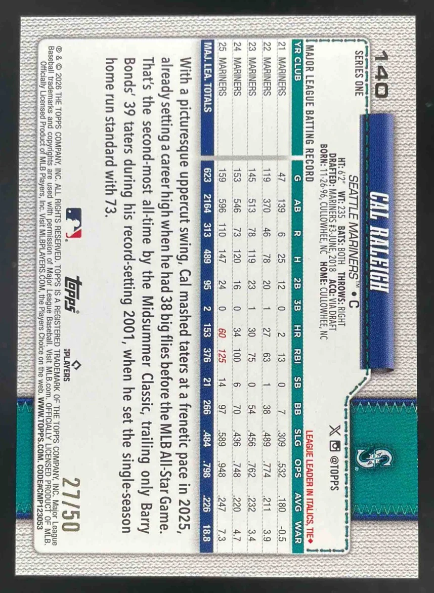 2026 Topps Gold Holo Foil #140 Cal Raleigh /50 - Image 2