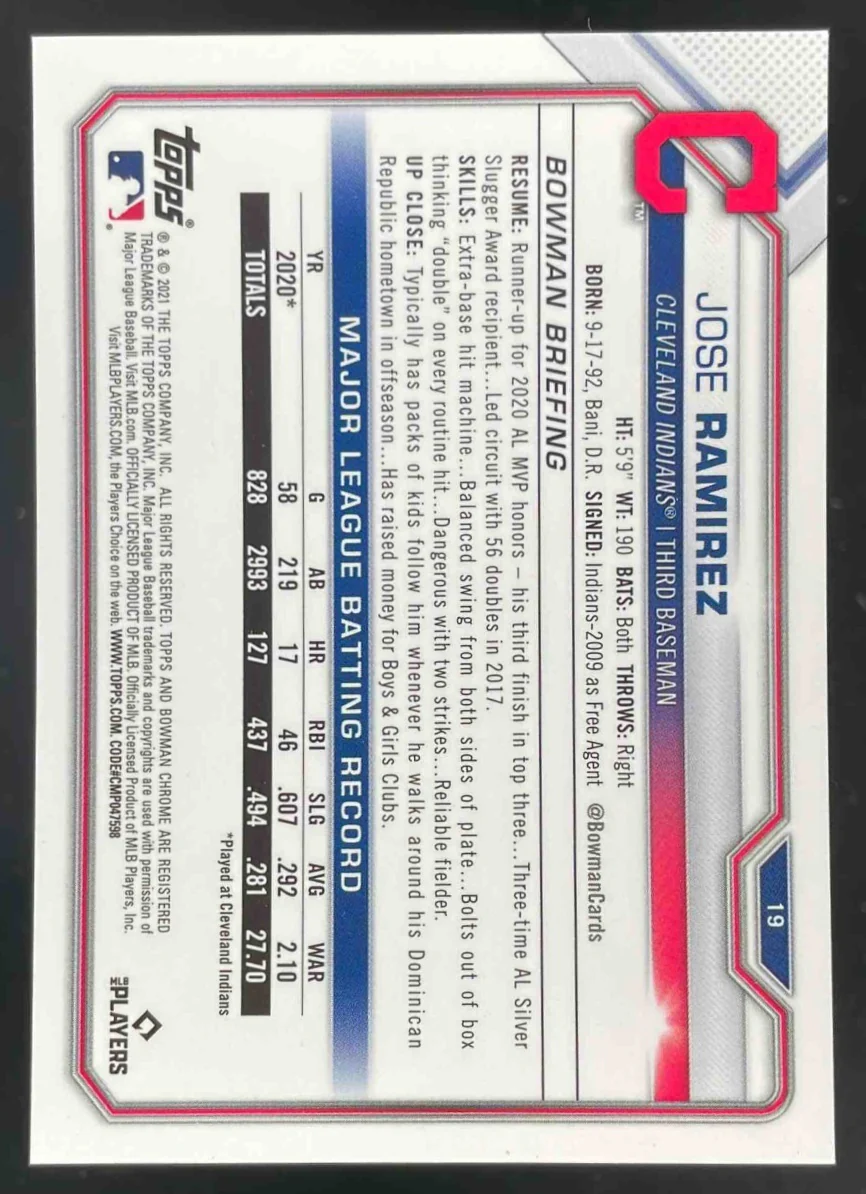 2021 Bowman Chrome Yellow Refractor #19 Jose Ramirez /75 - Image 2