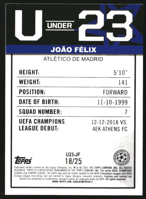 2020-21 Merlin UEFA Champions League U23 Stars Orange Refractors Joao Felix /25 - Image 2