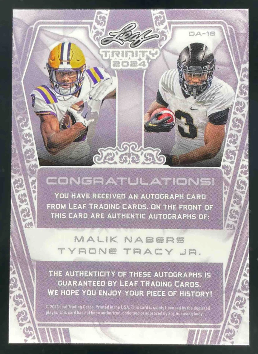 2024 Leaf Trinity Dual Red #DA-18 Malik Nabers Tyrone Tracy Jr. Auto /10 - Image 2