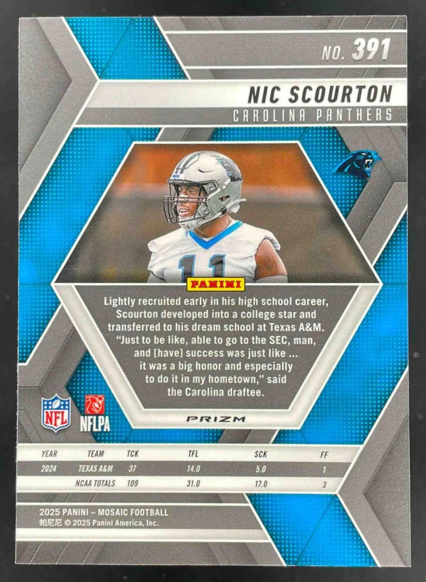 2025 Panini Mosaic Rookies Red Sparkle Prizm #391 Nic Scourton RC - Image 2