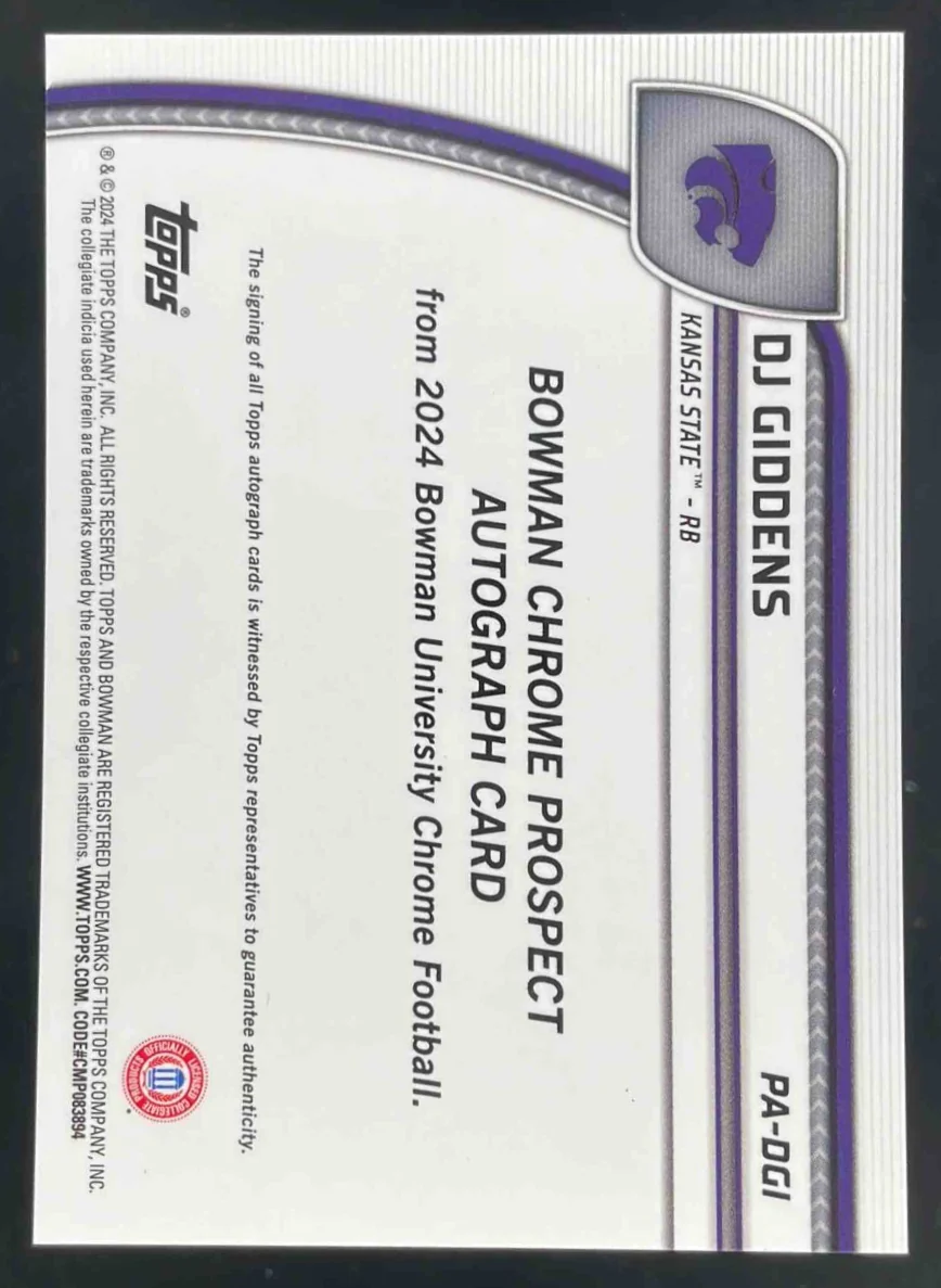 2024 Bowman Chrome University Chrome Orange #PA-DGI DJ Giddens Auto /25 - Image 2