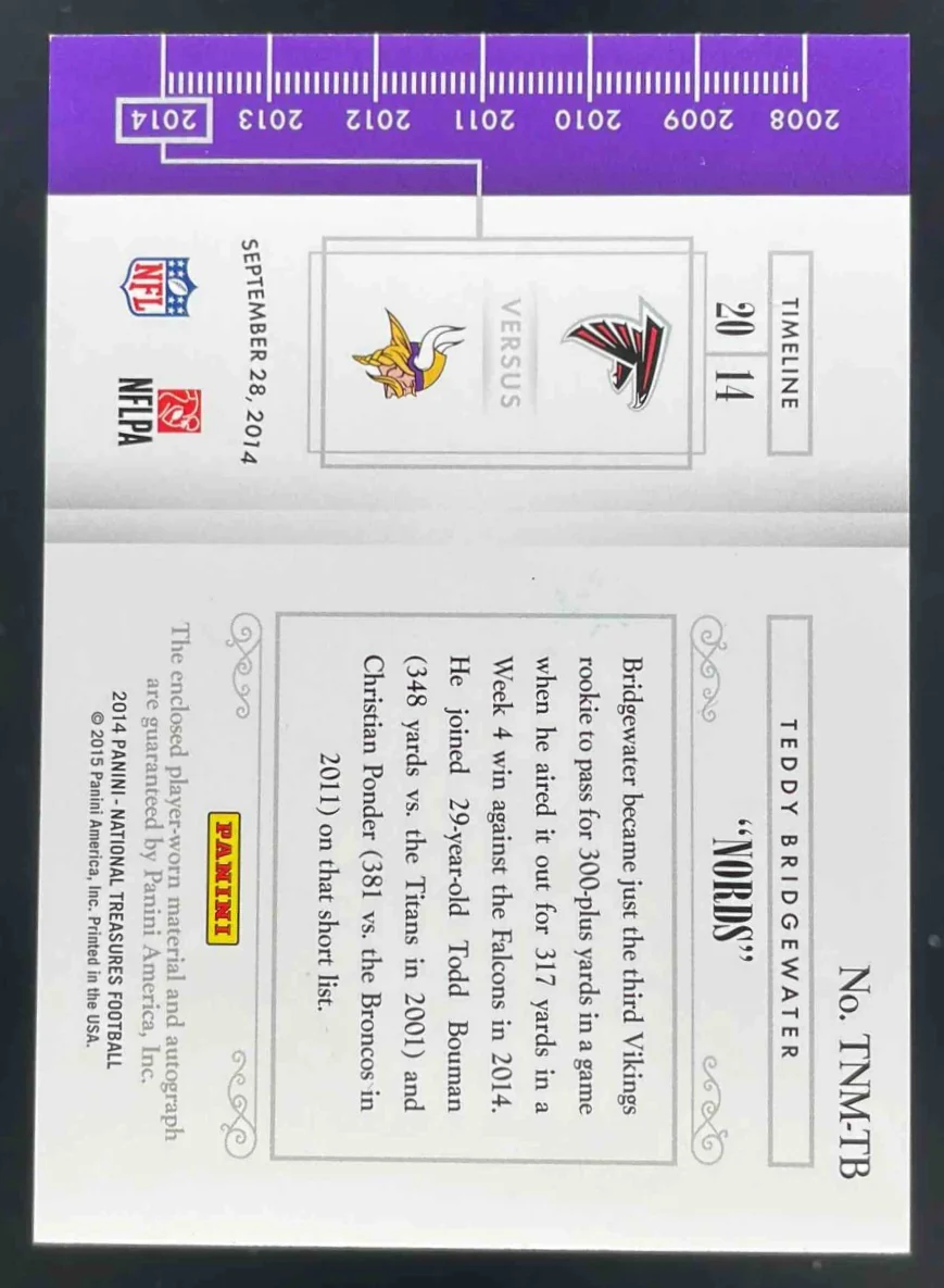 2014 National Treasures Timeline Nickname Material Teddy Bridgewater RC Auto /15 - Image 2