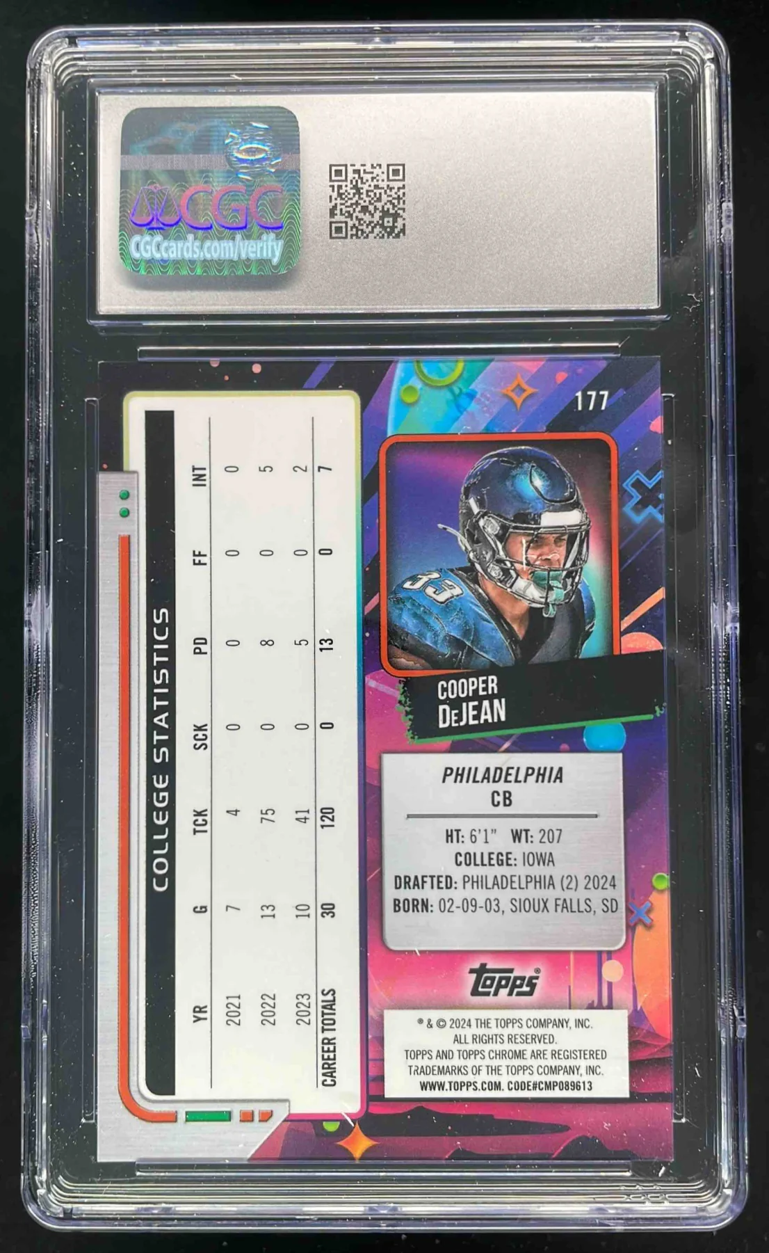 2024 Topps Cosmic Chrome Orange Galactic #177 Cooper DeJean RC /25 CGC 10 - Image 2