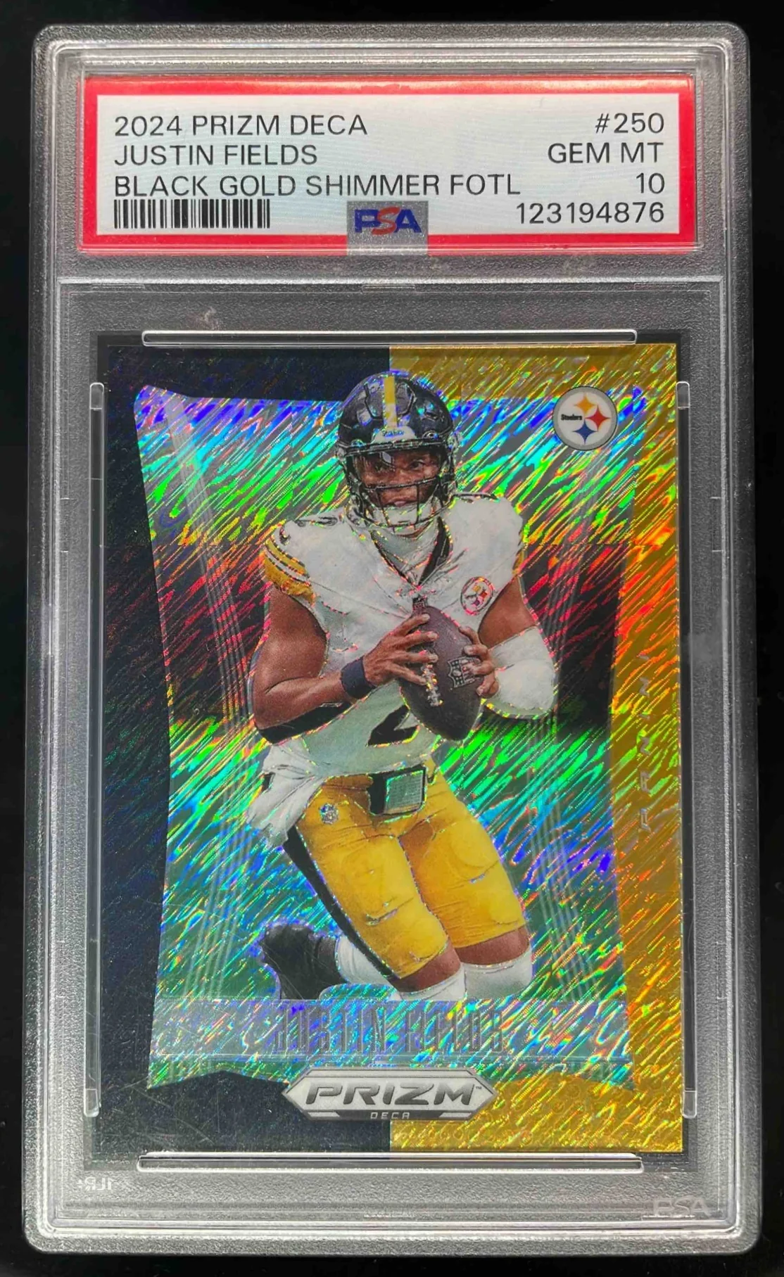 2024 Prizm Deca Shimmer Black Gold Prizms FOTL #250 Justin Fields /8 PSA 10