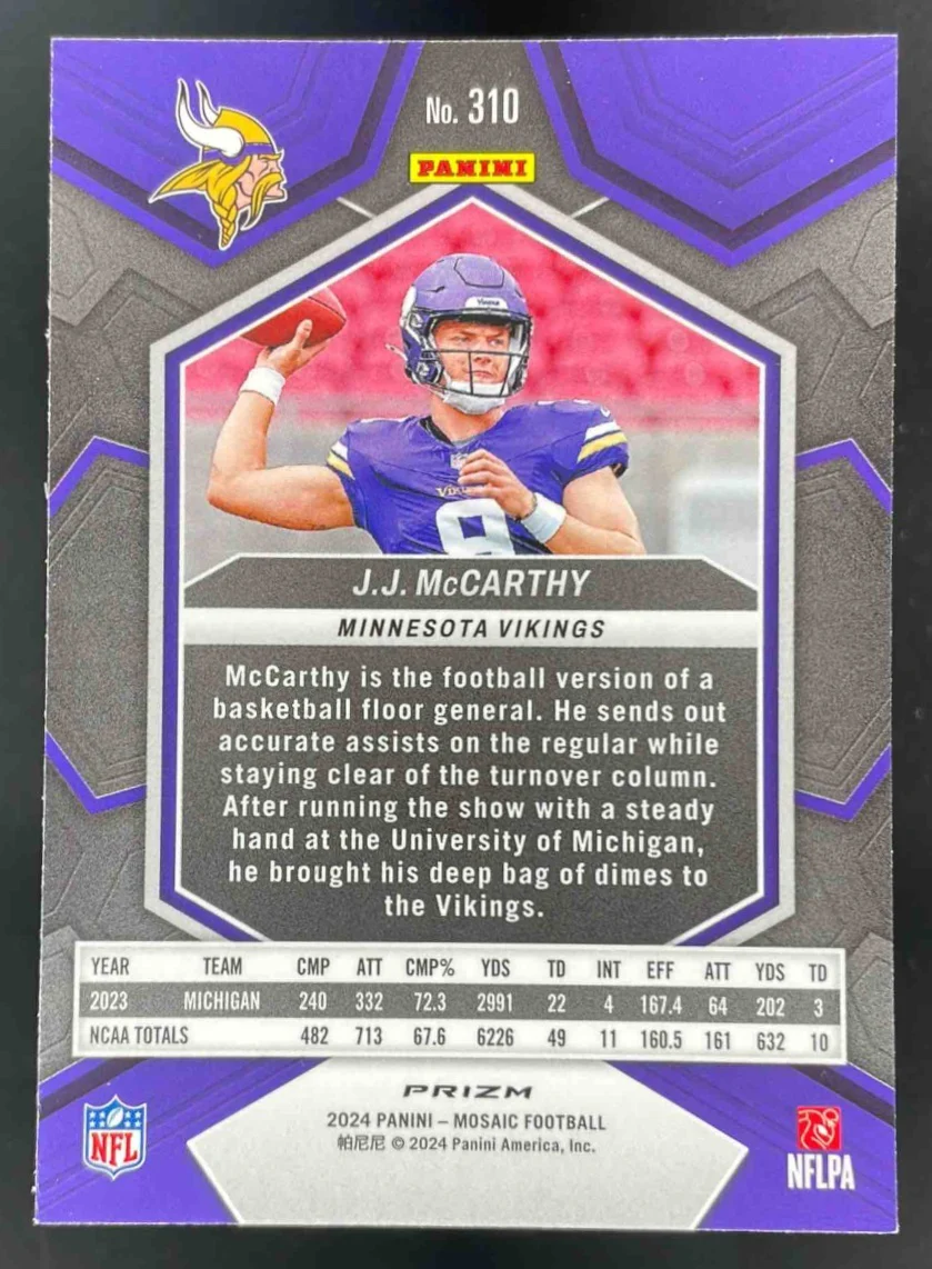 2024 Panini Mosaic Honeycomb Prizm #310 J.J. McCarthy RC - Image 2