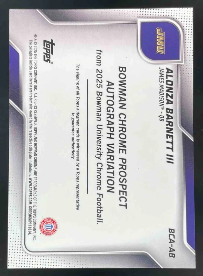 2025 Bowman Chrome University Sapphire Black #BCA-AB Alonza Barnett III Auto /10 - Image 2