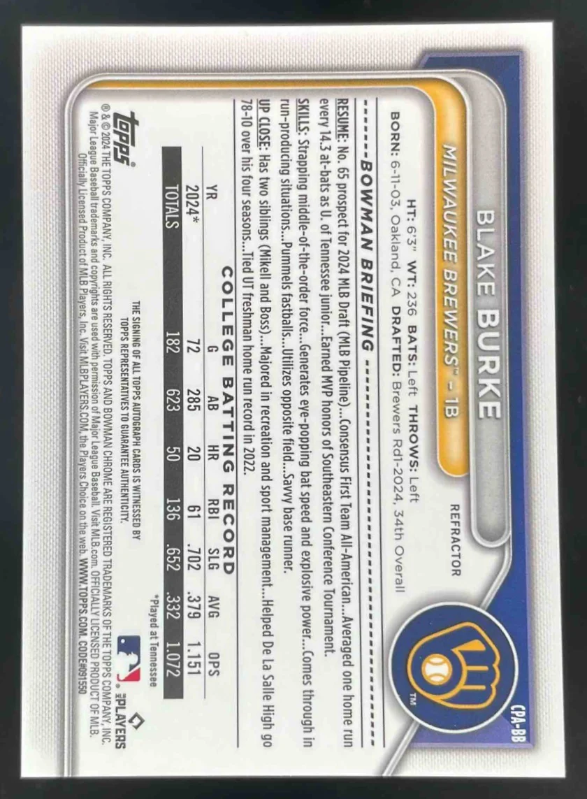 2024 Bowman Draft Chrome Prospect Refractor #CPA-BB Blake Burke RC Auto /499 - Image 2
