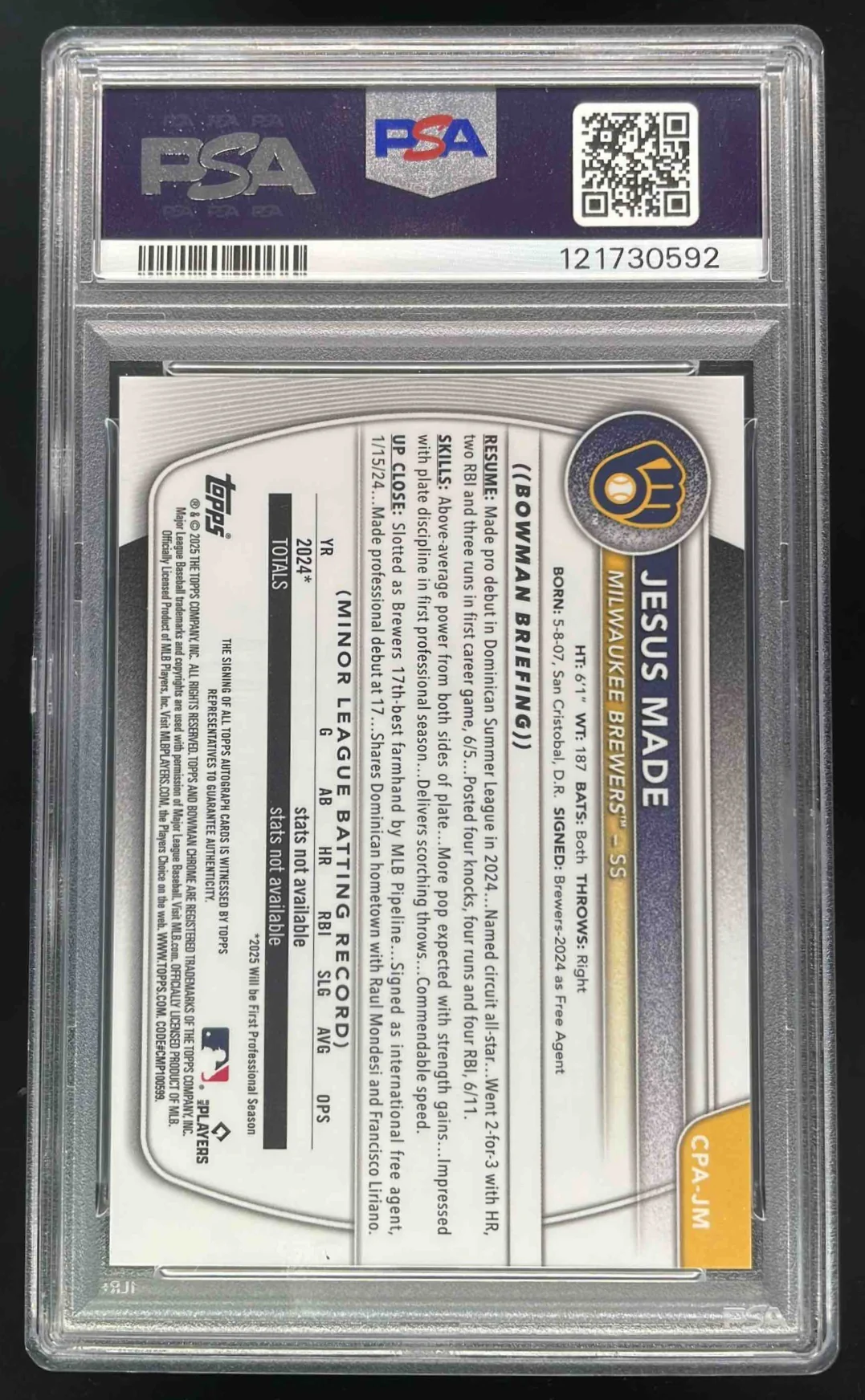 2025 Bowman Chrome Prospect Autographs #CPA-JM Jesus Made RC Auto PSA 10 - Image 2