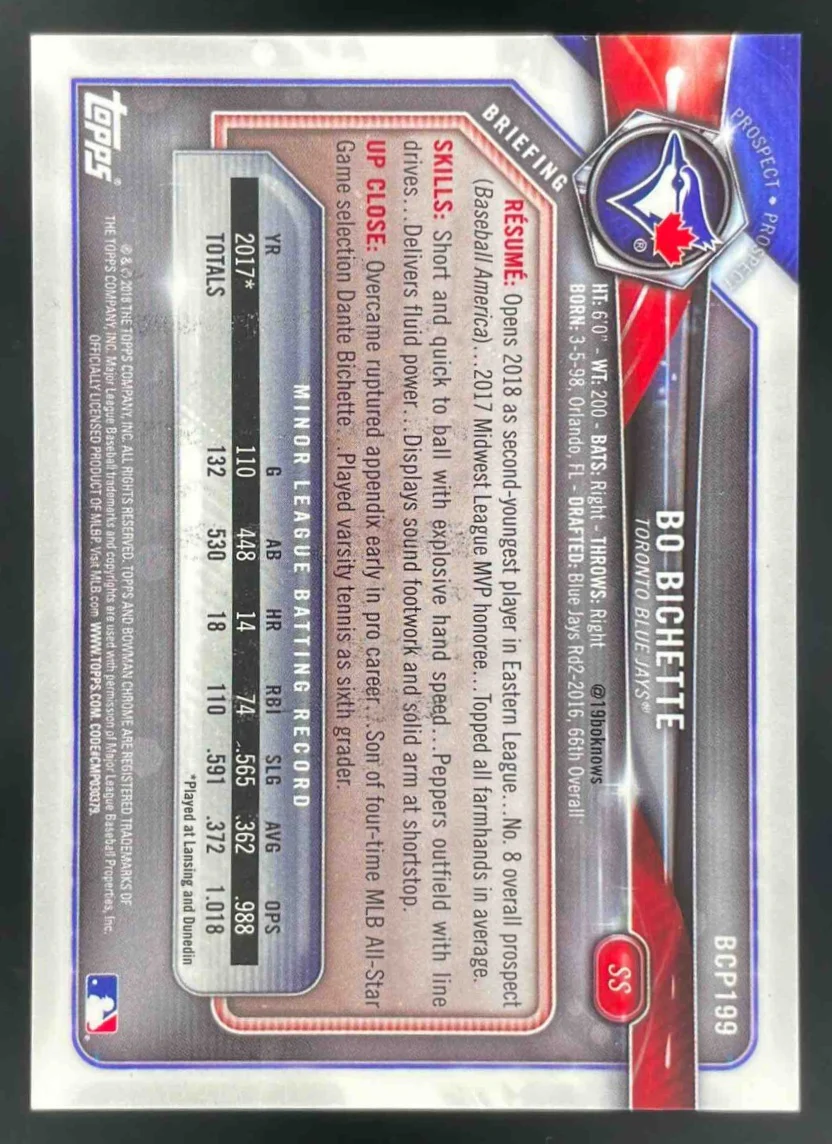 2018 Bowman Chrome Prospects Green Shimmer Refractor #BCP199 Bo Bichette /99 - Image 2