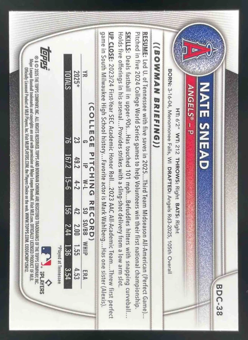 2025 Bowman Draft Chrome Green Geometric Refractor #BDC-38 Nate Snead RC /99 - Image 2
