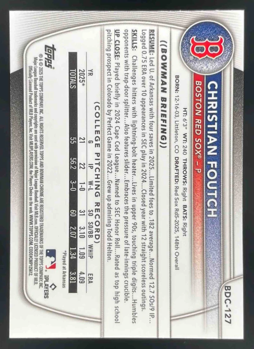 2025 Bowman Draft Chrome Yellow Geometric #BDC-127 Christian Foutch RC /75 - Image 2