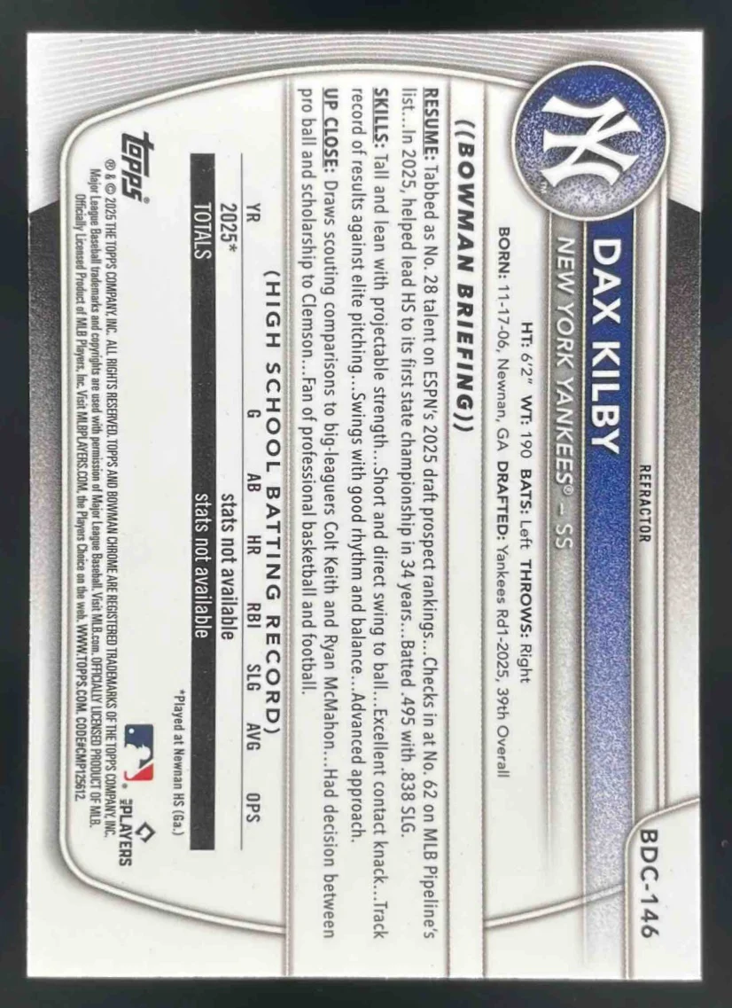 2025 Bowman Draft Chrome Refractor #BDC-146 Dax Kilby RC - Image 2