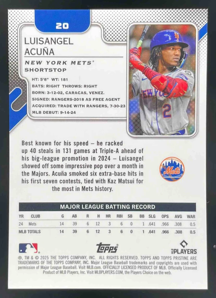 2025 Topps Pristine Gold Refractor #20 Luisangel Acuna RC /50 - Image 2