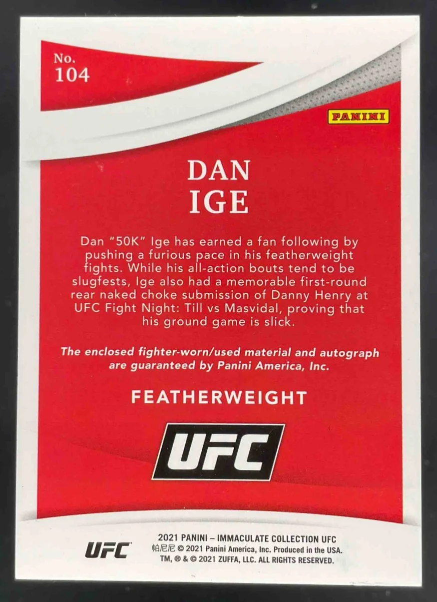 2021 Panini Immaculate Collection UFC Gold #104 Dan Ige MEM Autograph Auto /10 - Image 2