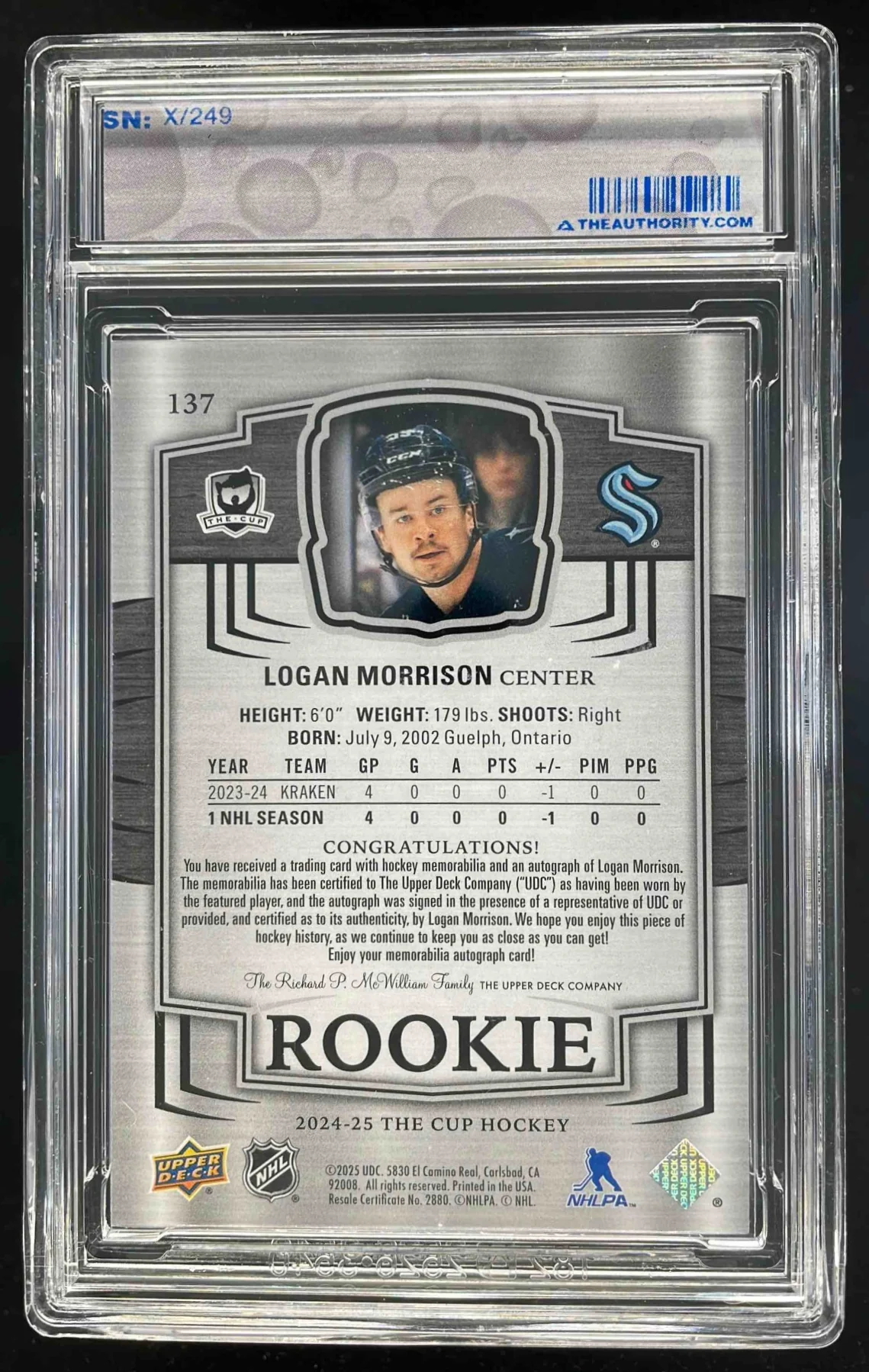 2024-25 Upper Deck The Cup #137 Logan Morrison RC Auto /249 - Image 2