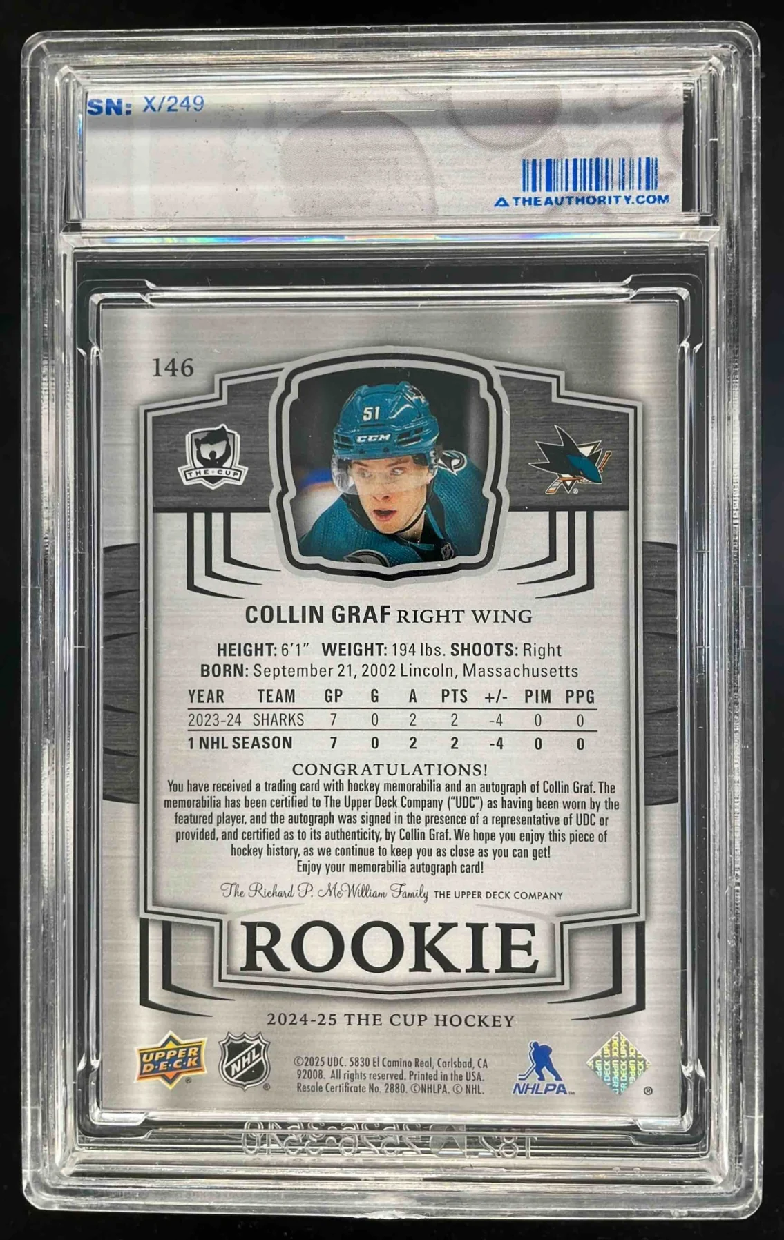 2024-25 Upper Deck The Cup #146 Collin Graf RC Auto /249 - Image 2