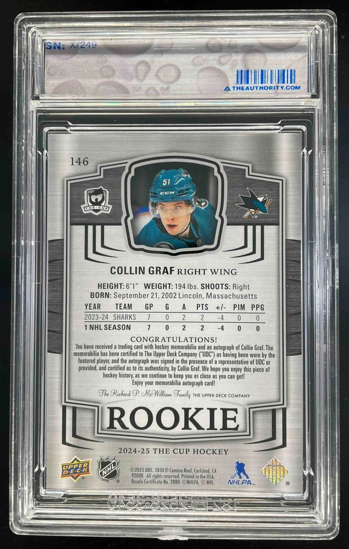 2024-25 Upper Deck The Cup #146 Collin Graf RC Auto /249 - Image 2