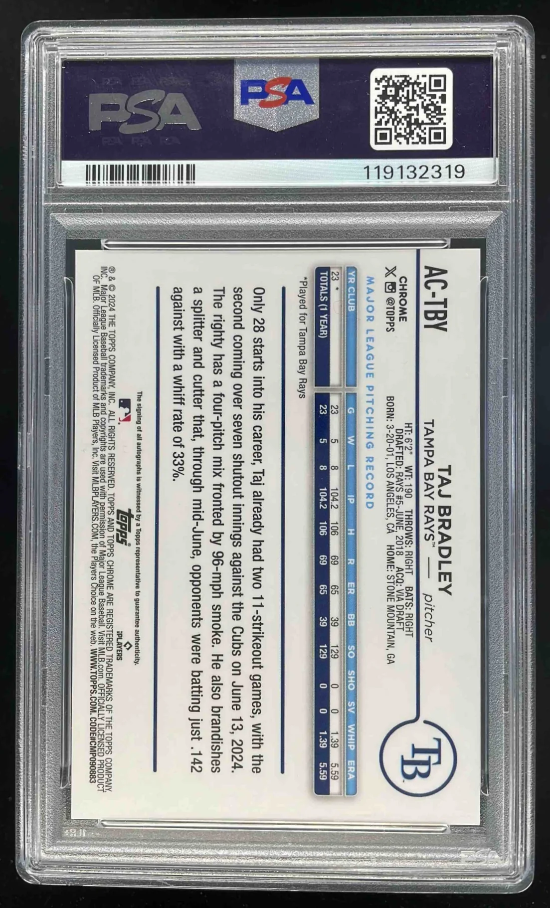 2024 Topps Chrome Update Purple Speckle #AC-TBY Taj Bradley Auto /299 PSA 10 - Image 2