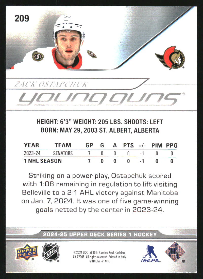 2024-25 Upper Deck Exclusives #209 Zack Ostapchuk Young Guns RC Rookie /100 - Image 2