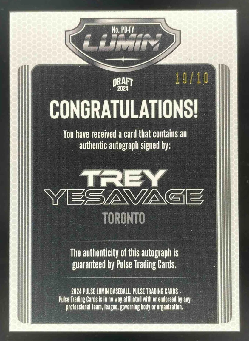 2024 Pulse Autograph Lumin Trey Yesavage Auto /10 - Image 2