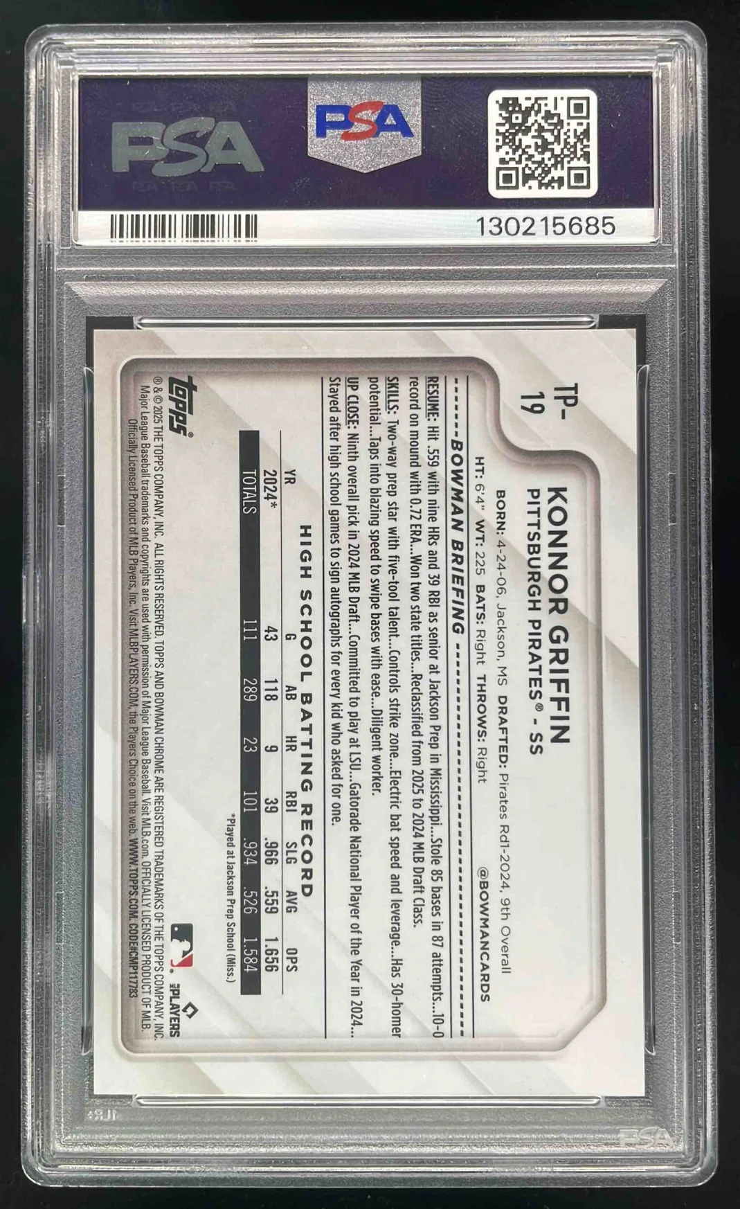 2025 Topps NSCC Silver Pack Wrapper MLB Bowman Orange Konnor Griffin /25 PSA 9 - Image 2