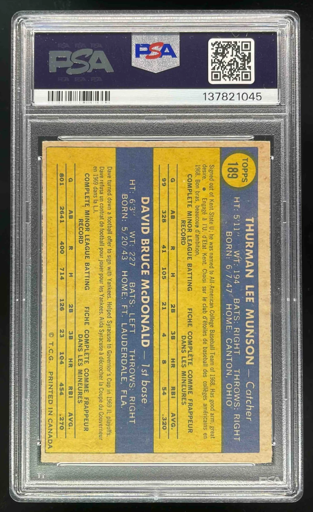 1970 Topps #189 Yankees 1970 Rookie Stars Thurman Munson Dave McDonald RC PSA 4 - Image 2