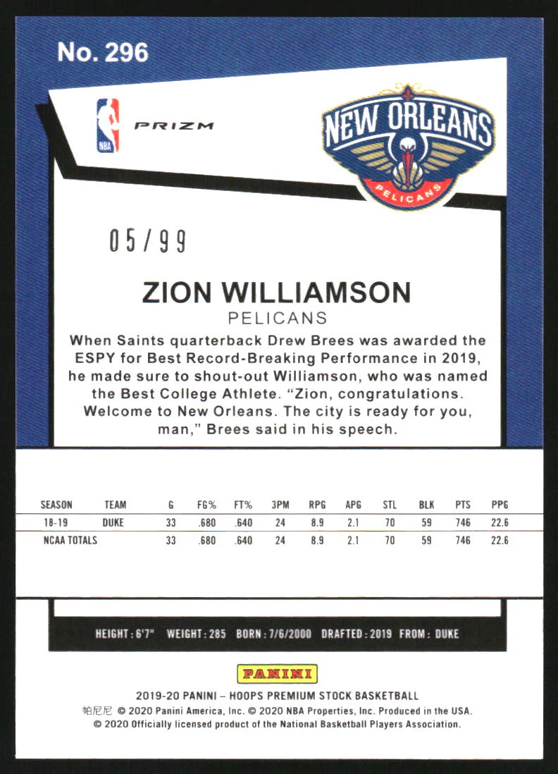 2019-20 Hoops Premium Stock Prizms Blue Laser #296 Zion Williamson RC /99 - Image 2