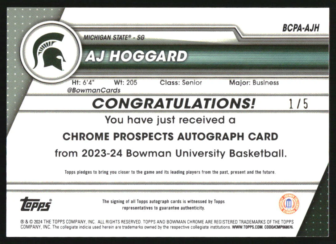 2023-24 Bowman Chrome University Prospect Auto Red AJ Hoggard RC /5 - Image 2