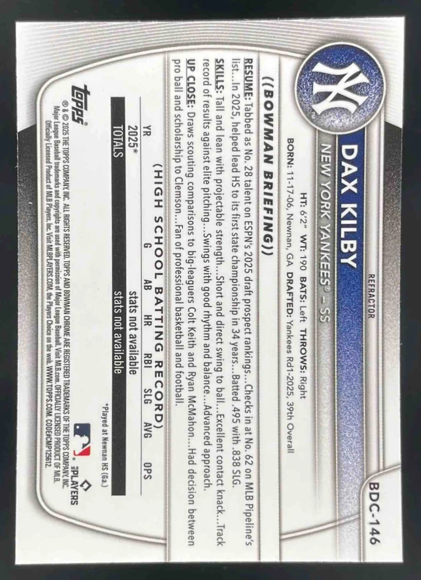 2025 Bowman Draft Chrome Refractor #BDC-146 Dax Kilby RC - Image 2