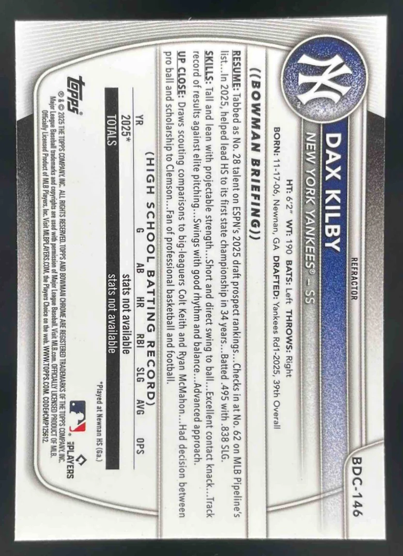2025 Bowman Draft Chrome Refractor #BDC-146 Dax Kilby RC - Image 2
