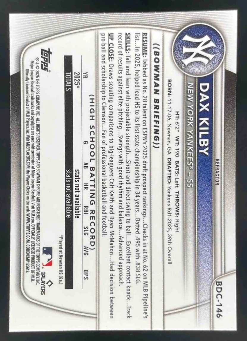 2025 Bowman Draft Chrome Refractor #BDC-146 Dax Kilby RC - Image 2