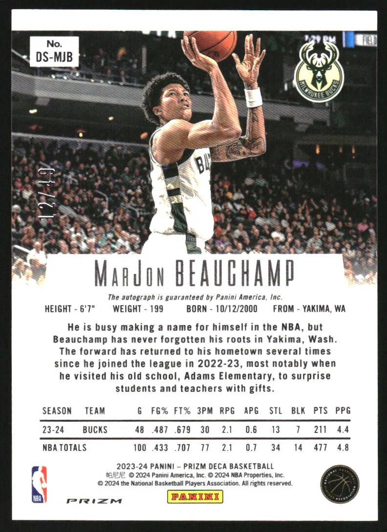 2023-24 Panini Prizm Deca Signatures Prizms Blue MarJon Beauchamp Auto /49 - Image 2