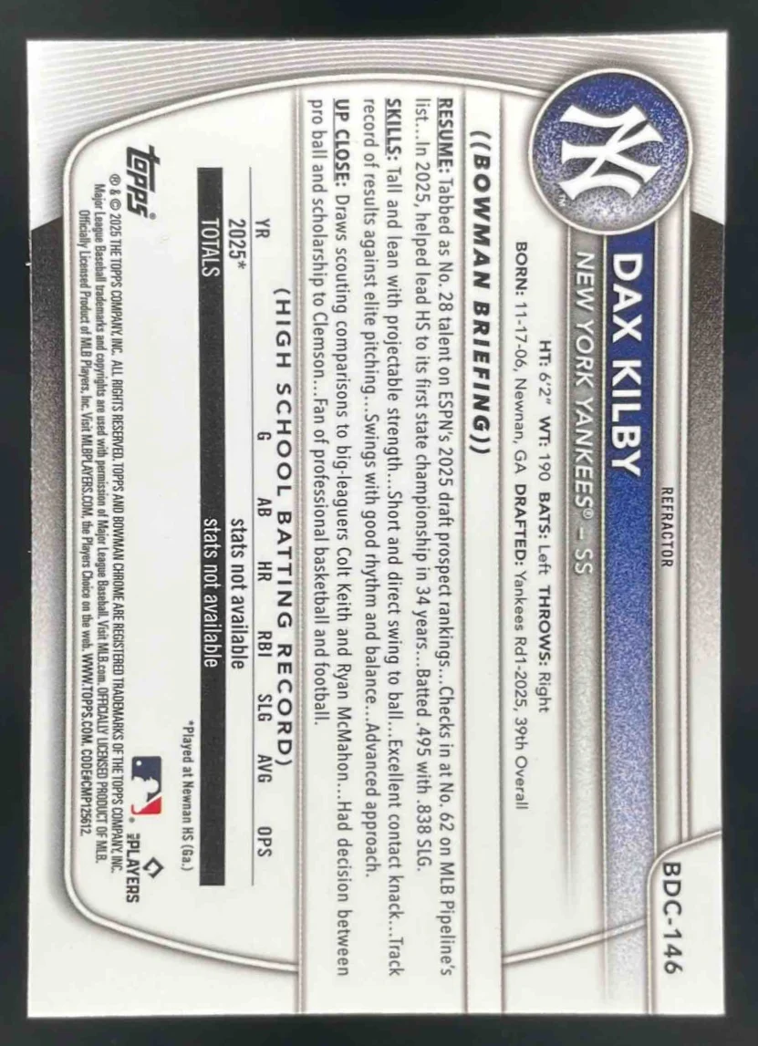 2025 Bowman Draft Chrome Refractor #BDC-146 Dax Kilby RC - Image 2