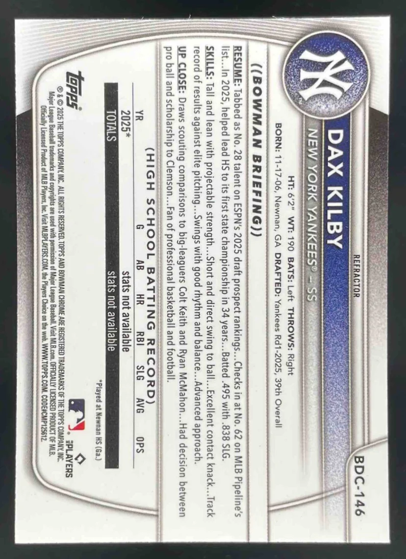 2025 Bowman Draft Chrome Refractor #BDC-146 Dax Kilby RC - Image 2