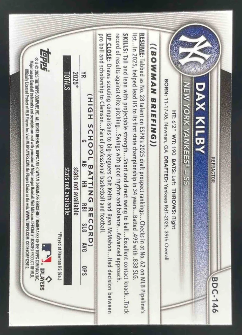 2025 Bowman Draft Chrome Refractor #BDC-146 Dax Kilby RC - Image 2