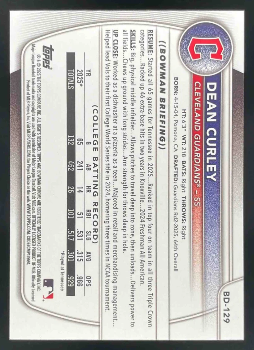2025 Bowman Draft Gold Border #BD-129 Dean Curley RC /50 - Image 2