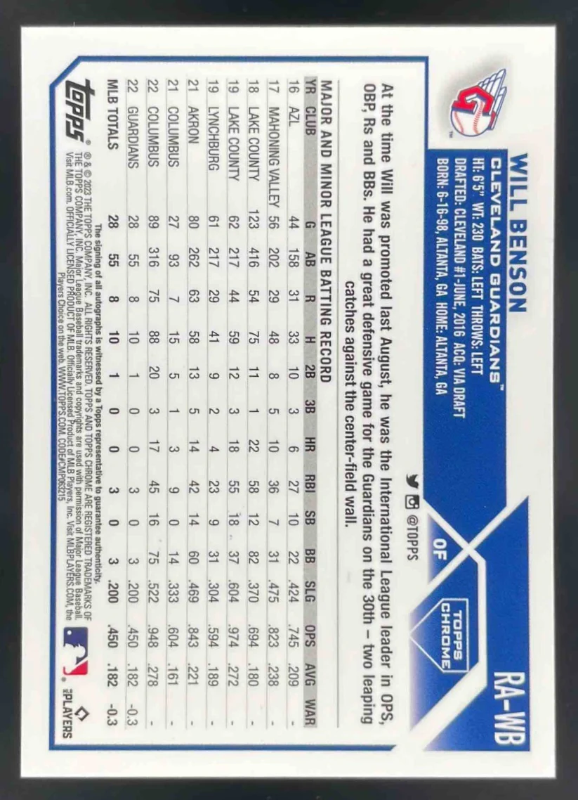 2023 Topps Chrome Rookie Purple Speckle #RA-WB Will Benson RC Auto /299 - Image 2