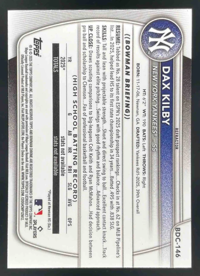 2025 Bowman Draft Chrome Refractor #BDC-146 Dax Kilby RC - Image 2