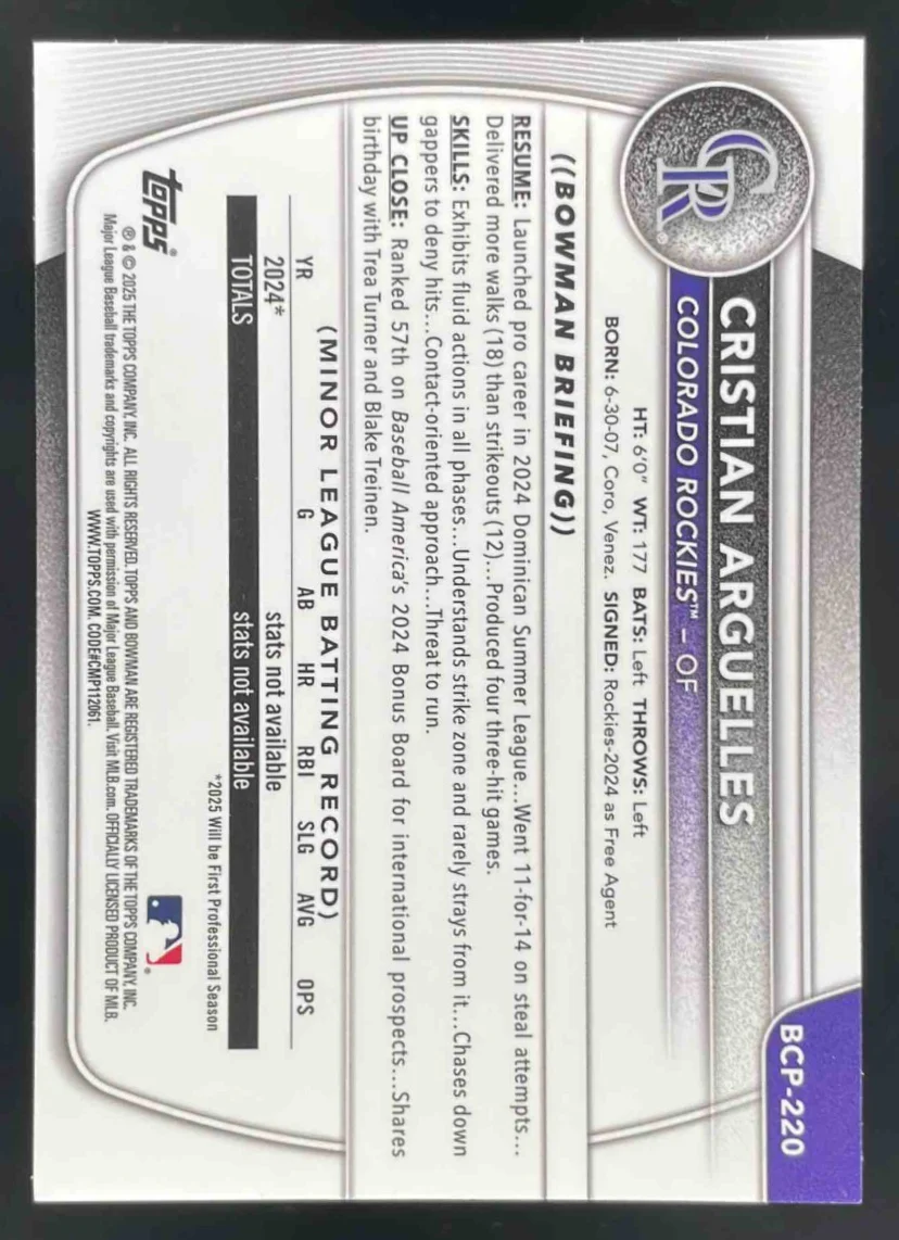 2025 Bowman Chrome Prospects Purple Pulsar #BCP-220 Cristian Arguelles RC /250 - Image 2