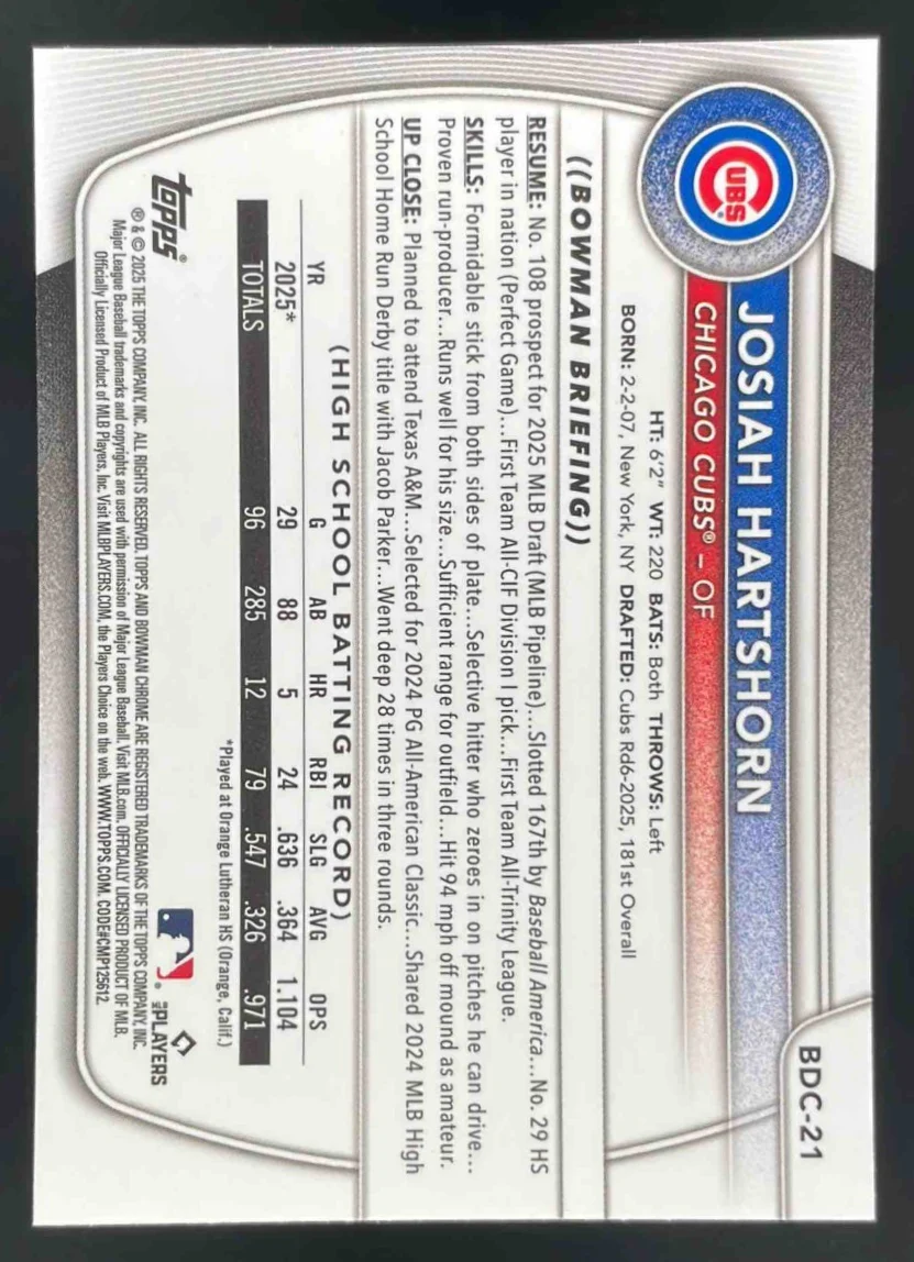 2025 Bowman Draft Sapphire Chrome #BDC-21 Josiah Hartshorn RC - Image 2