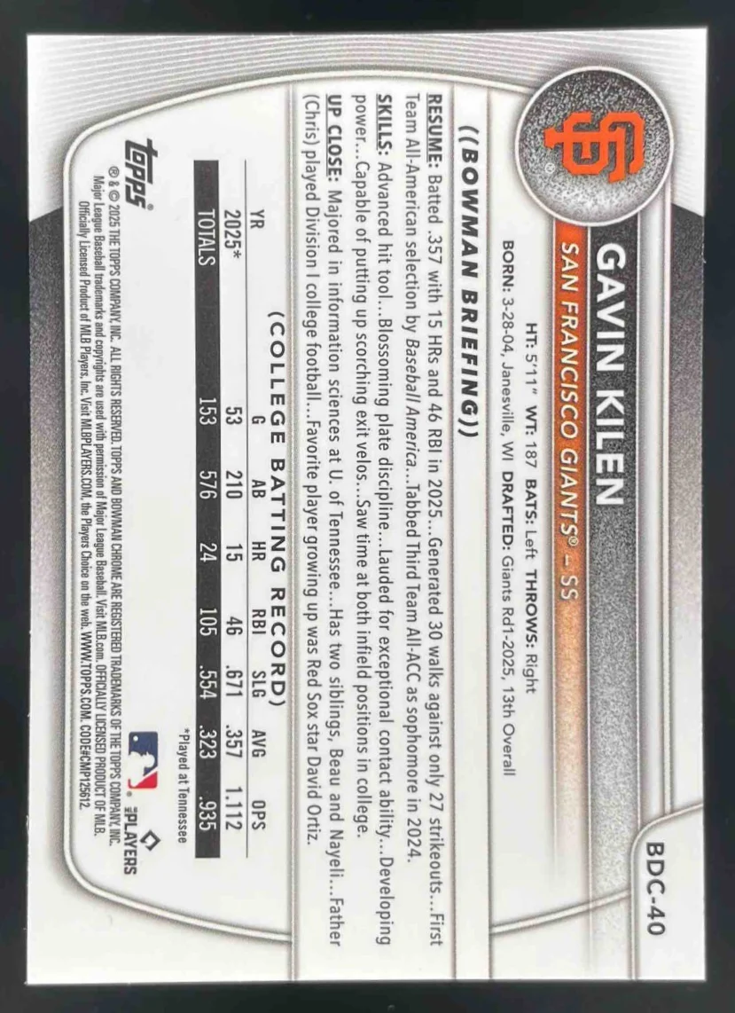 2025 Bowman Draft Sapphire Chrome #BDC-40 Gavin Kilen RC - Image 2