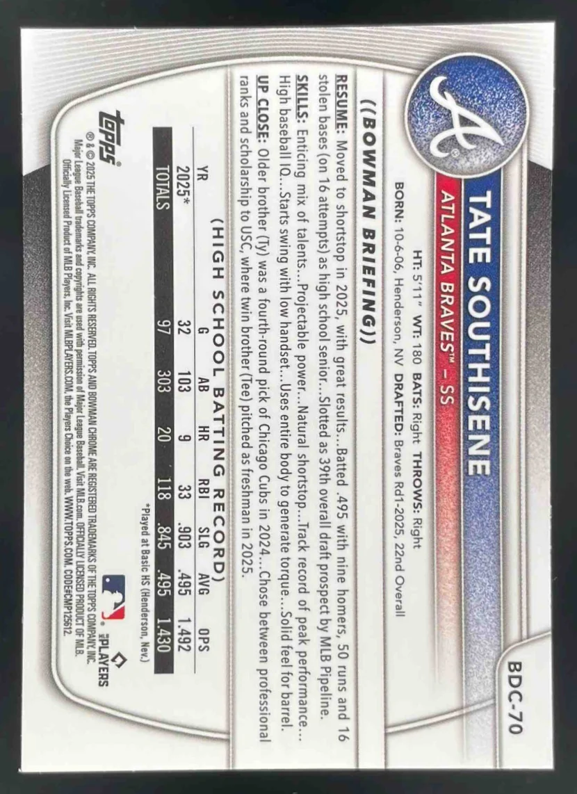 2025 Bowman Draft Sapphire Chrome #BDC-70 Tate Southisene RC - Image 2