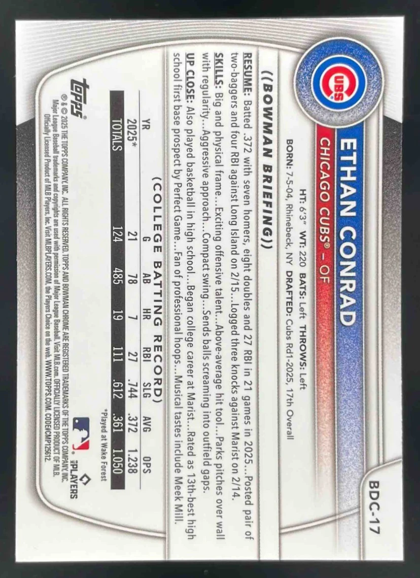 2025 Bowman Draft Sapphire Chrome #BDC-17 Ethan Conrad - Image 2