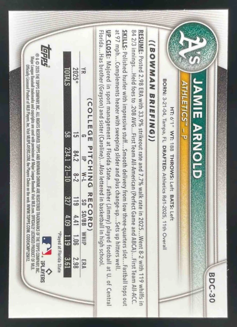 2025 Bowman Draft Sapphire Chrome #BDC-30 Jamie Arnold RC - Image 2