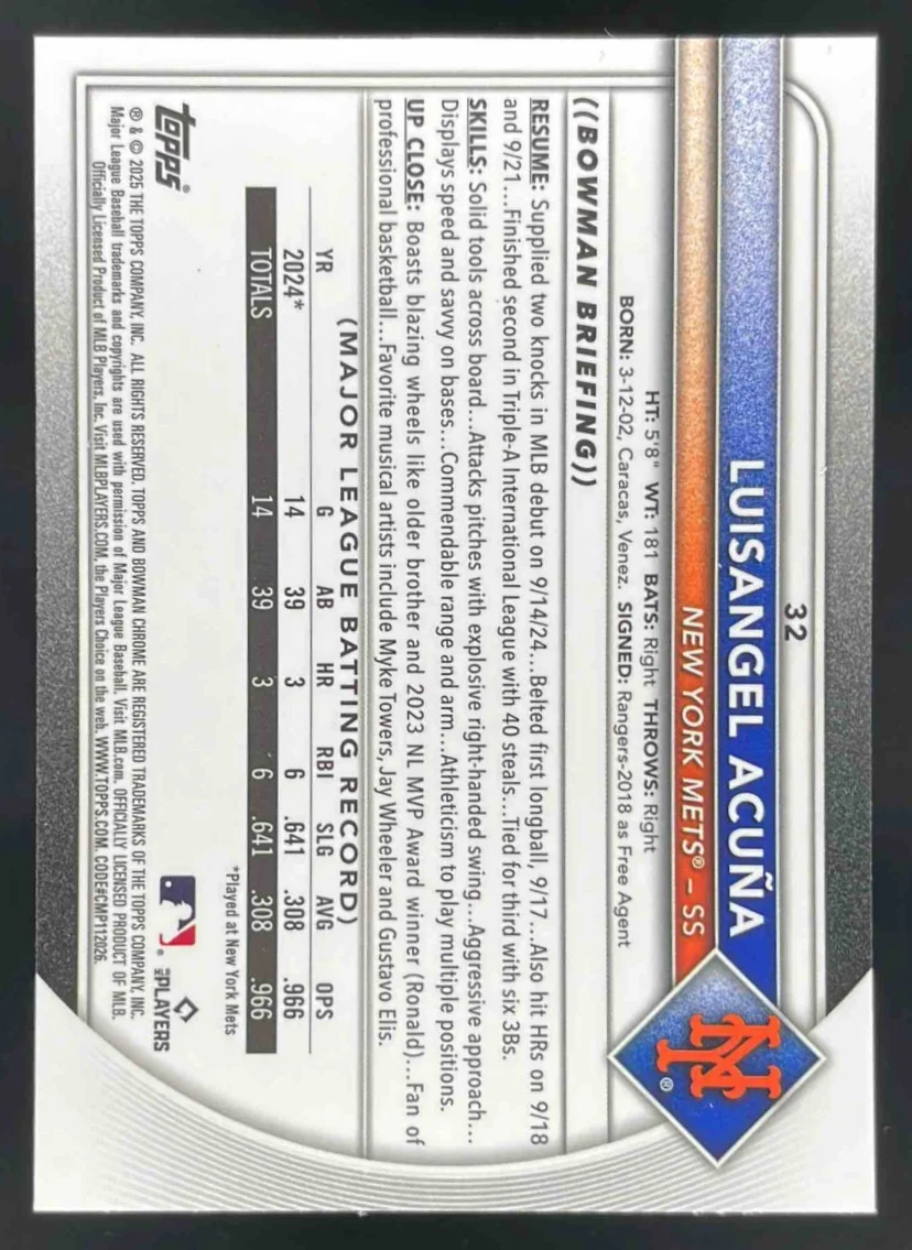 2025 Bowman Chrome Yellow Refractor #32 Luisangel Acuna RC /75 - Image 2